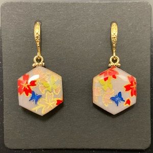 Hexagon Handmade Japanese Washi 14k gold plated earrings with 3D butterflies